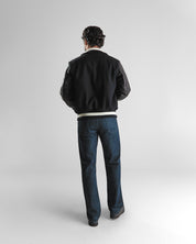 THE BYRON - Black/Black Contrast Stripe Knit Collar Varsity Jacket Classic Fit