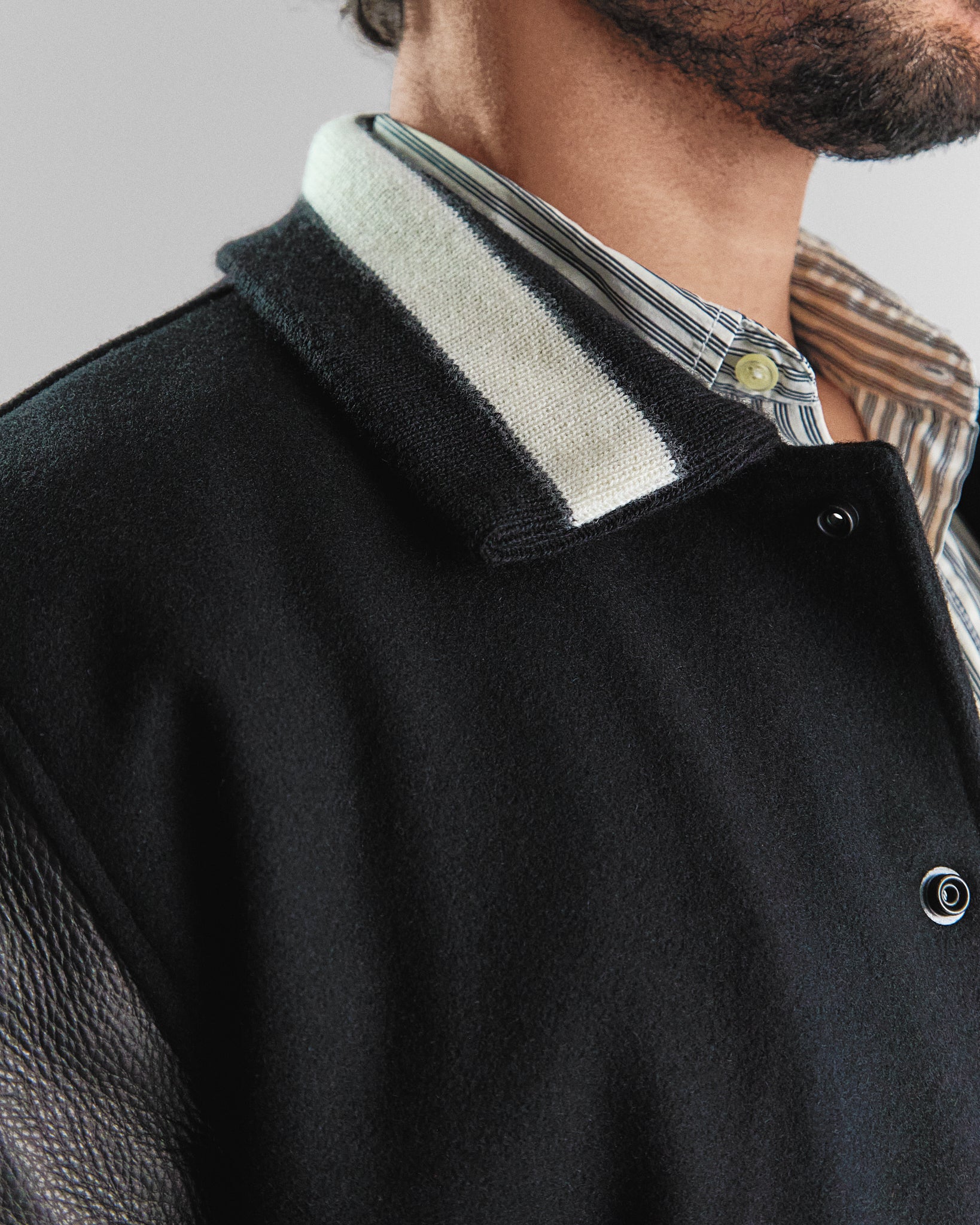 THE BYRON - Black/Black Contrast Stripe Knit Collar Varsity Jacket Classic Fit