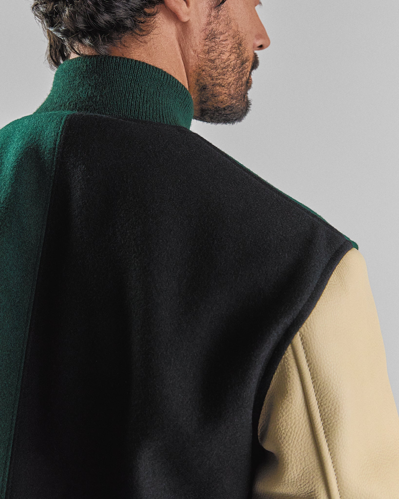 THE ALBANY SPLIT - Color Block Forest Green and Black Melton Wool/Stone Leather Classic Fit