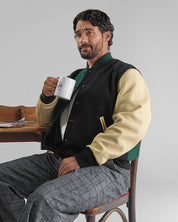 THE ALBANY SPLIT - Color Block Forest Green and Black Melton Wool/Stone Leather Classic Fit